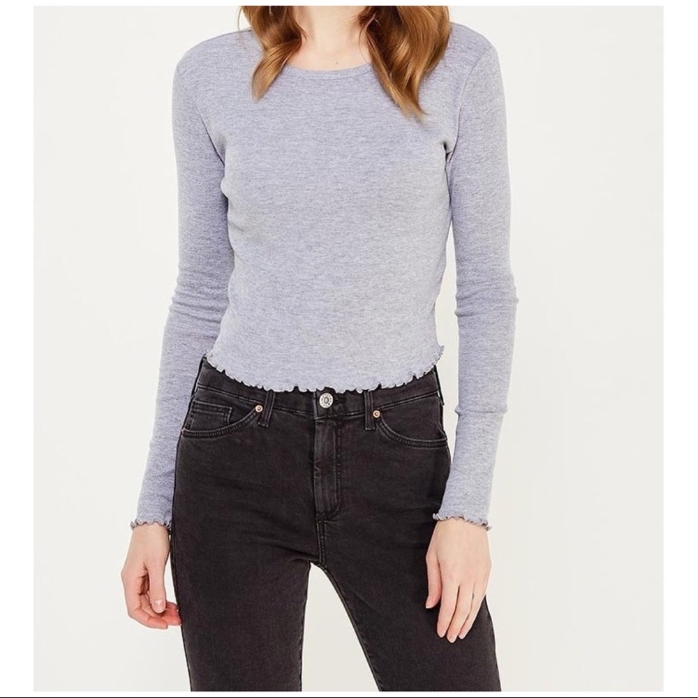 TOPSHOP Ruffle Hem Long Sleeve Top Gra